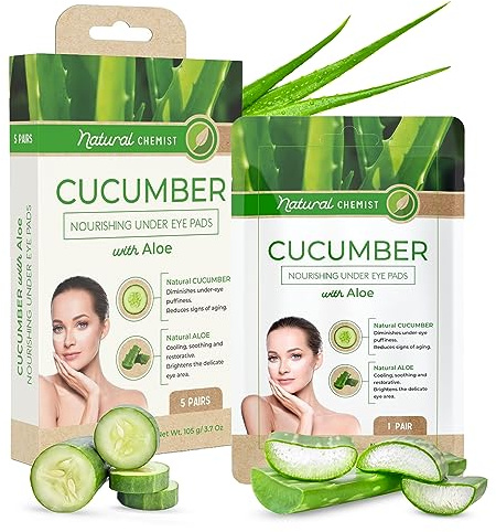 Natural Chemist Parches coreanos para ojos con pepino y aloe para ojeras e hinchazón, almohadillas antienvejecimiento, refrescantes y relajantes, sin crueldad animal K Beauty Care D