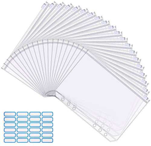20 Stücke A5 Größe 6 Löcher Binder Taschen Durchscheinende Kunststoff Klarsichthüllen Reißverschluss Mappe Wasserdichter Reißverschluss Loseblatt Ordner für Dateien Dokumente Notizbücher Karten