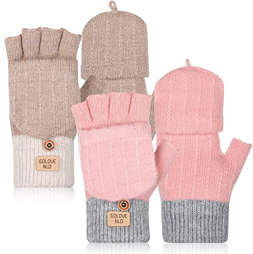 Neer 2 Pares de Mitones sin Dedos de Mujer Convertibles Guantes Térmicos de Medio Dedo de Punto (Caqui, Rosa)