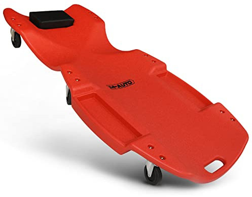 M-AUTO Mekaniker Creeper i plast med dubbla verktygsbrickor, 122 cm ergonomiskt rullande garagebutik krypare med vadderat nackstöd, 4 ljudlösa hjul 158 kg kapacitet röd