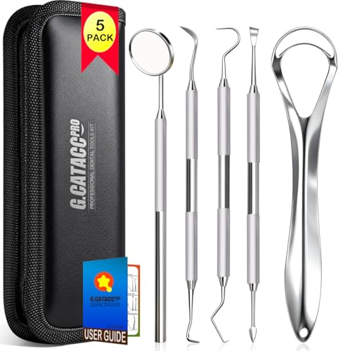 G.CATACC Dental Tools, Teeth Cleaning Tools Oral Care Hygiene Kit with Tongue Cleaner, Stainless Steel Dental Pick Tooth Scraper Plaque Tartar Remover for Teeth - with Case