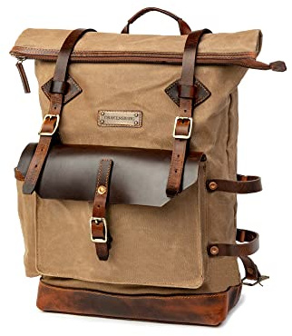 DRAKENSBERG Rolltop Adam Sac à dos en toile cirée et cuir imperméable Perfection artisanale jusqu'à 30 l, Kaki sable, L, Sac à dos traditionnel