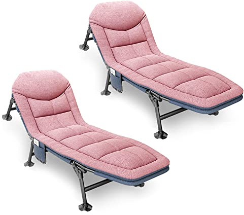 PERRTWDLF Garden Sun Loungers - Reclining Garden ChairsFishing BedchairCarp Fishing Chair with Side Pocket and MattressAdjustable 5 Gears Outdoor Portable Sunloungers (2 Pcs Fishing Bedchair-Pink)