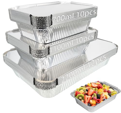 Huhemy 32 Stück Aluschalen Grill,2200ml/1100ml/700ml Alu Grillschalen,Einweg Grillschale Alu mit Deckel,Grill Aluschalen Für Kochen,Rösten,Backen,Braten.