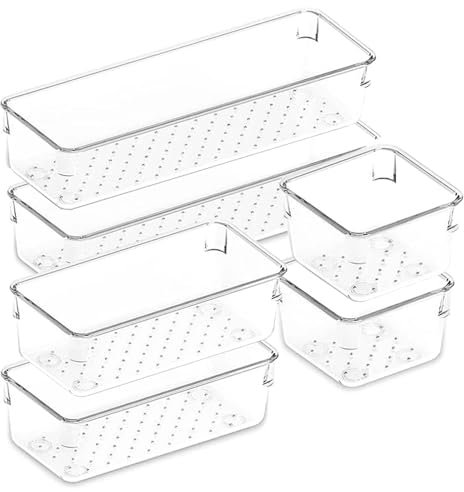 MUYAPAY Organizer per Bagno e Cucina con 6 Cassetti, 3 Dimensioni e Divisori in Plastica Trasparente, Adatto per Trucchi