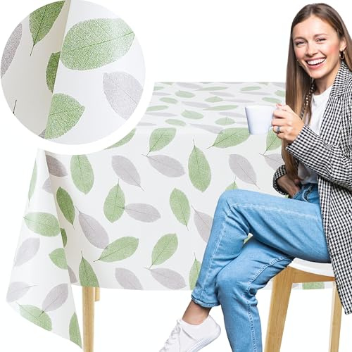 KP HOME Wipe Clean Tablecloth Rectangular 78.7x 53.9 (200x137cm) - Plastic Table Cloth Wipe Clean, Rectangle Outdoor PVC Oil Cloth Table Cover Waterproof - Wipeable Vinyl - Green Leaf Breeze Design