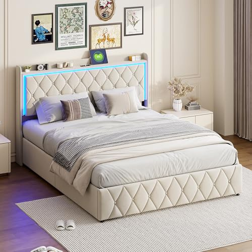 MOTUZP Cama Juvenil 140x200 de Terciopelo con Gran Almacenaje Inferior, Base Tapizada con Canapé Abatible y Estante en Cabecero, Mueble Ahorro de Espacio, Color Beige Elegante, Sin Colchón