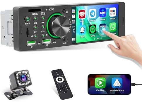 Hikity RDS 1 DIN Radio Coche con CarPlay Android Auto, 1 DIN Radio Coche con Pantalla Táctil de 4 Pulgadas FM/RDS Radio 2USB / AUX/TF SWC EQ Bluetooth 5.1 Mirror Link Cámara de Reversa + Mic