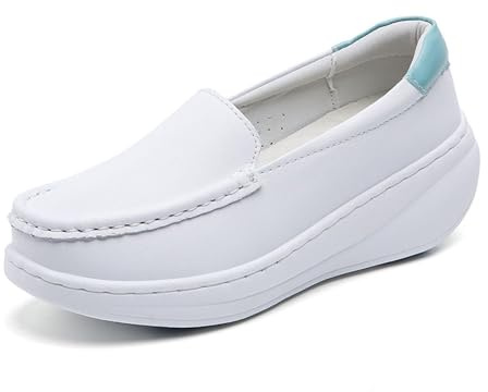 Scarpe da Lavoro per Infermiere in Pelle Traspirante Antiscivolo con Plateau da Donna, Scarpe Ortopediche con Zeppa Bianca con Cuscino d'Aria, per Operatori Sanitari, Lavoro Ospedaliero(White Blue,36