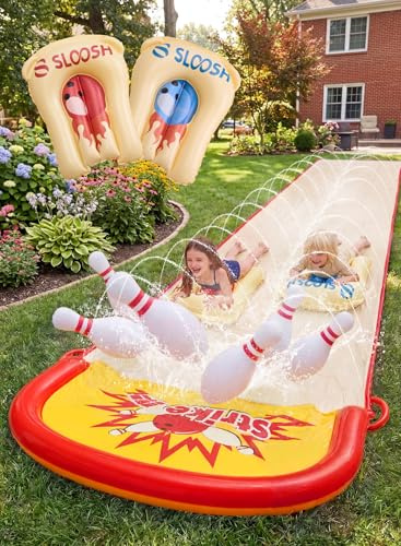 Sloosh Tobogán acuático de jardín de 6,7 m (22 pies) con Juego de Bolos inflables, Doble Carril con aspersores, tobogán para césped para divertirse al Aire Libre