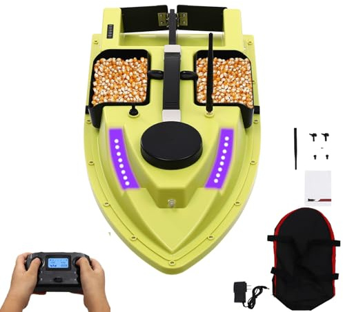 CheriMuMu Fishing Bait Boat with LED Lights, 4-Tank RC Fishing Bait Boats, 5200mAh Battery & Carry Bag, High Speed Fishing Bait Boat for Lake Fishing, Fish Feeding, Green