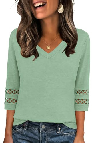 Zeagoo Blusa Mujer Elegante Túnica de Manga 3/4 Verano Camiseta Cuello en V Suelta Tops Shirt Bordado de Ojales S-3XL