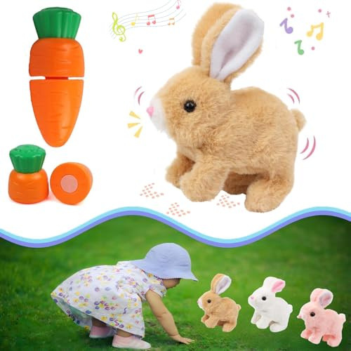 Zloeoa Bunny Stuffed Animal Plush, Interactive Electronic Pet Hopping Bunny Toy, Realistic Stuffed Easter Bunny Rabbit with Sounds and Movements Animated Walking Wiggle Ears Twitch Nose (Brown)