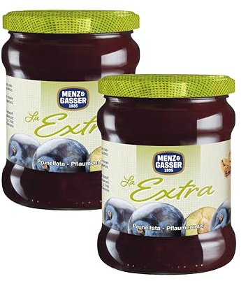 Menz&Gasser, Confettura Extra di Prugne Edel Plus, Ideale come Colazione o Spuntino, con Frutta di Alta Qualità in pezzi, 2 Vasi x 620 g