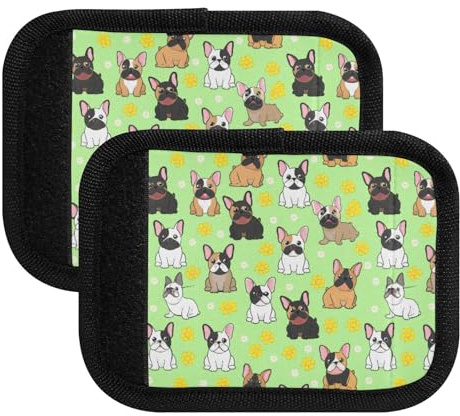 Housse souple pour poignée de bagage avec fente pour carte de visite, motif bouledogues français, vert, Adorable bouledogue français de dessin animé vert, one sizex4