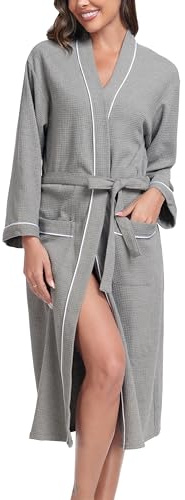 Vlazom Waffle Dressing Gowns Unisex Kimono Robe Cotton Lightweight Bathrobe for All Seasons Spa Hotel Sleepwear, Grey, M