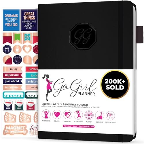 GoGirl Planner Pour Femmes - Agenda Hebdomadaire Format Compact, Journal Des Objectifs et Agenda Pour Améliorer la Gestion Du Temps. Non Daté - Commence à n'importe Quel Moment, Dure 1 An - Noir