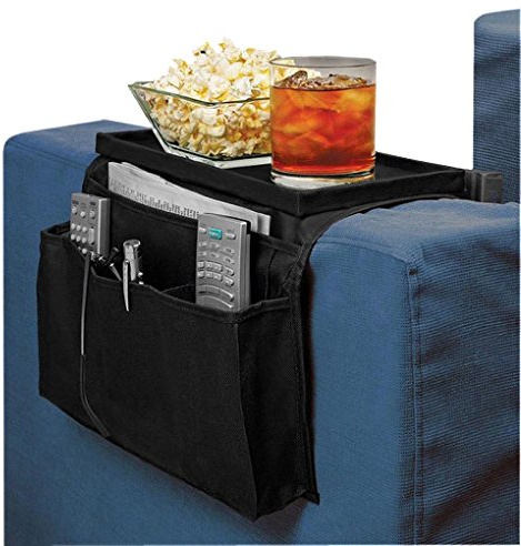Sofa Armrest Organizer Couch Storage Bag with Tray Hanging Sofa Storage Pocket Bag Sturdy Armchairs Couch Caddy Organiser TV Remote Control Holder Space Saver Bags for Phone Magazine Books Mug Cup