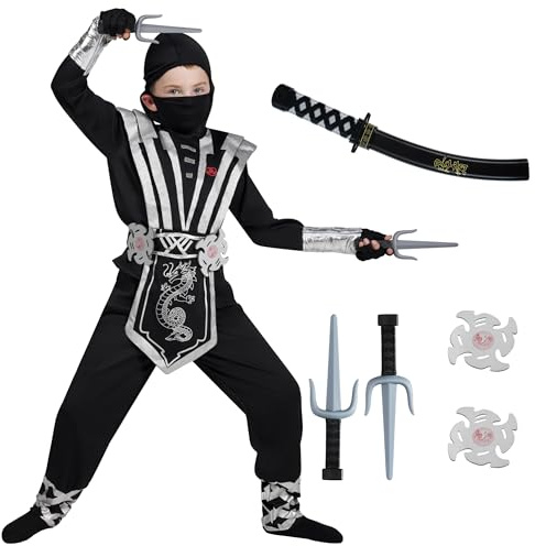 Spooktacular Creations 9 Pezzi Set Costume Ninja Bambino Ninja Abbigliamento Vestiti da Festa di Halloween (Bambino) (Small, black)