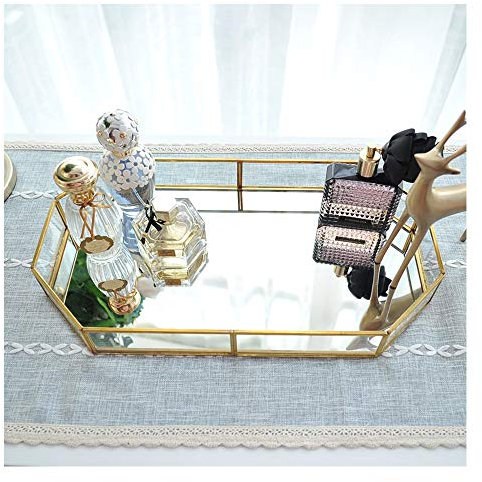 Gold Glass Mirrored Tray, Polygon Metal Decorative Tray Jewelry Perfume Organizer Makeup Tray for Vanity, Dresser, Bathroom, Bedroom (Large)