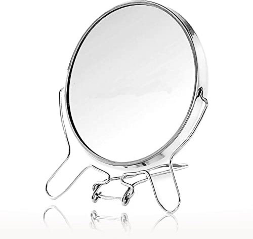 AKH® Espejo de maquillaje de doble cara | 12 cm de diámetro | Espejo de maquillaje con aumento | Espejo de mesa de tocador plateado | 3 aumentos | Espejo de maquillaje de mesa plateado