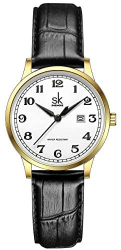 SHENGKE SK Klassische Business Damenuhren mit Edelstahlband und eleganter Damenuhr aus echtem Leder (Gold-Black)