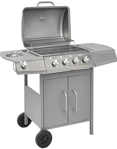 NITCA Barbecue e Griglia a Gas,Barbecue a Gas, Bruciatore Ad Alte Prestazioni,Griglia in Ghisa,Griglia da Esterno con Coperchio,Fornelli, Argento 4+1