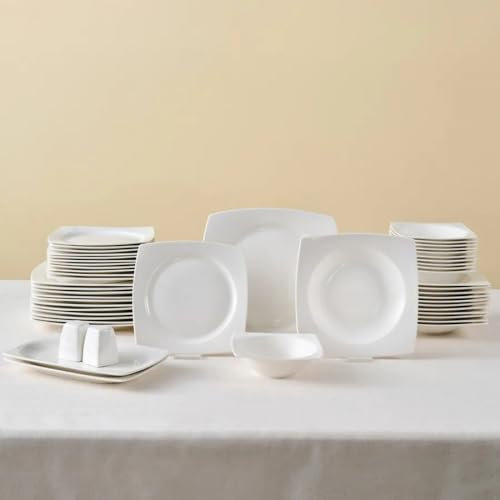 Karaca Jamie 52-Piece Bone China Dinner Set for 12 People, Dinner Platess, Pasta Bowls, Side Plates, Soup Bowls, Plate, White
