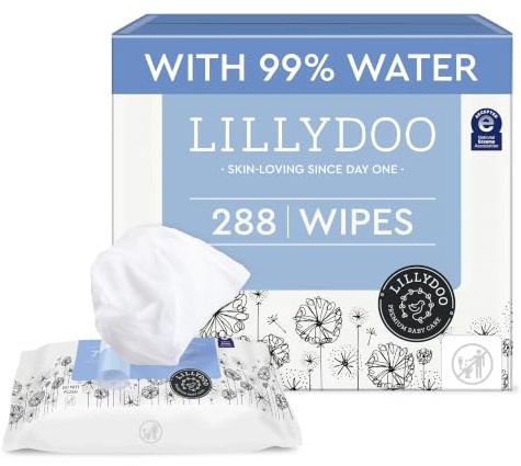 LILLYDOO Baby Wipes with 99% Water – Unscented, Hypoallergenic, Plant-Based, Strong & Plastic-Free, Compostable, 4 resealable Packs x 72 (288 Wipes Total)