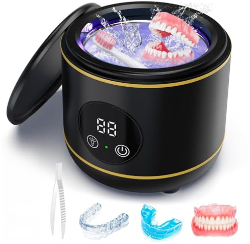 Ultrasonic Retainer Cleaner, Stocking Fillers Gifts, 45kHz Portable Ultrasonic Denture Cleaner Machine with UV-Light, for Dentures, Nightguards, Aligner, Mouthguard, Braces, Toothbrush Heads, Jewelry