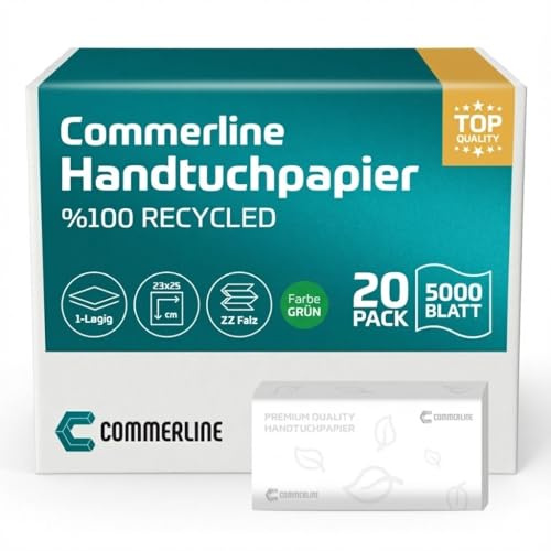 Commerline 5000 Blatt Papierhandtücher Grün, 25x23 cm ZZ-Falz Handtuchpapier für Spender, 1-lagig Einmalhandtuch aus Papier, Falthandtücher für Toiletten, Hygienische Handtücher für Restaurants