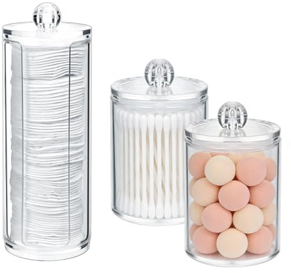 KUKUJIWA 3 Stück Set Kosmetik Aufbewahrung aus transparentem Kunststoff, Wattepadspender & Wattestäbchenbehälter mit Deckel, Staubfreier Organizer für Badezimmer, Schlafzimmer & Schminktisch ﻿