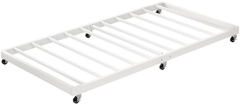 EMODA Trundle Bed Twin with 6 Lockable Casters, Roll Out Twin Trundle Bed Frame with Steel Slats, Easy Assembly, Noise-Free Design, Easy to Store in Bedroom, Living Room, Or Guest Room, White