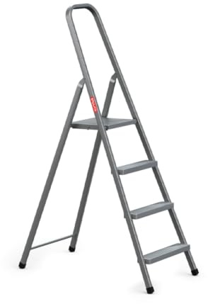 BAULICH - Hopfällbar Hushållsstege, 4 Steg, med Säkerhetsbygel, för Hushållsarbete, Stål, Enkel Sidåtkomst, Stabil, Plattform 25 x 25 cm, Halkfria Fötter, Maximal Belastning 125 kg, Grå