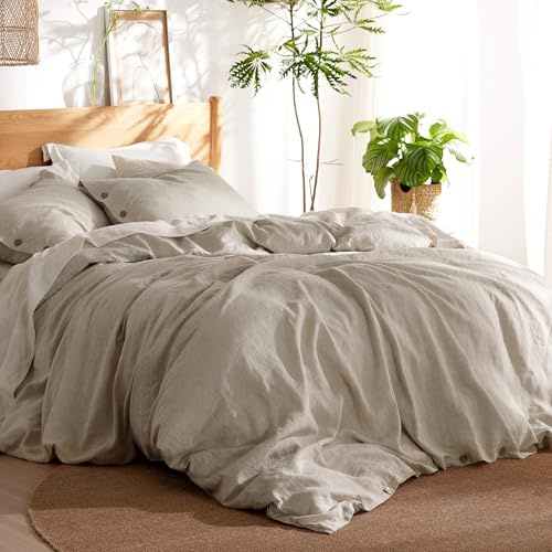 Bedsure Linen Duvet Cover Queen - Linen Cotton Blend Duvet Cover, PureWoven Cooling & Breathable Bedding Set for Hot Sleepers, Moisture Wicking & Durable Cover Set 3 Piece (Natural Color)