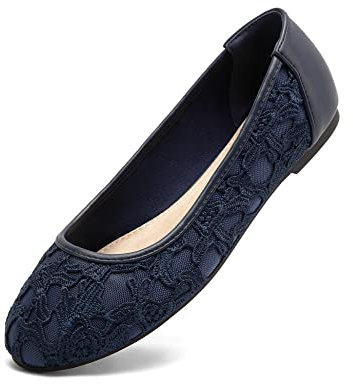 Greatonu Women Causal Shoes Cut Out Slip On Lace Floral Round Toe Ballet Ballerina Flats Navy Blue with Lining Size 4 UK