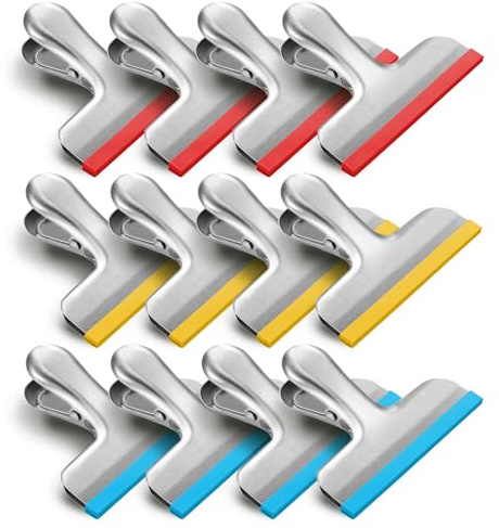 HOUSE AGAIN 12 Pack Stainless Steel Chip Bag Clips Covered with Silicone - NO More Sharp Edges - Color Coded for Food Bags - Air Tight Seal, Heavy Duty for Kitchen and Office, 3 Inches