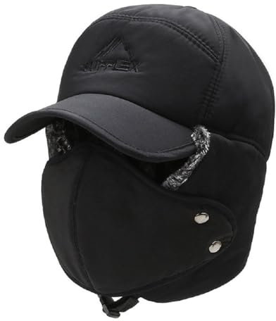 Herren Fliegermütze Warm Trappermütze Bomber Hut Unisex Kunstfellmütze Wintermütze mit Ohrenklappen Mundschutz Pilotenmütze Schirmmütze für Skifahren, Schlittschuhlaufen Outdoor Schwarz (Schwarz)