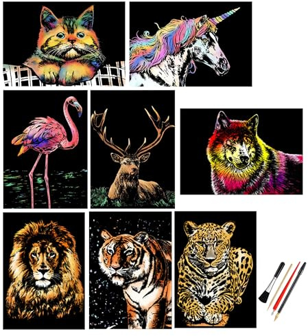 ACEONE Scratch & Sketch Art Paper A4 für Kinder & Erwachsene, Rainbow Painting Night View Art & Craft, Gravur Art Set, 8 Blatt Scratch Cards & Scratch Drawing Pen, Clean Brush