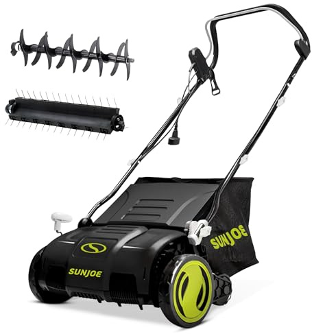 Sun Joe 15-Inch Electric Powered Lawn Dethatcher with Scarifier Blade Reel and Collection Bag - 13-Amp Corded Yard Power Rake Tool Machine for Grass Thatch Removal, AJ805E