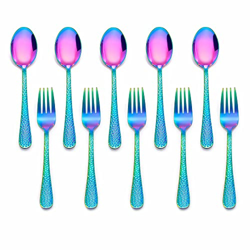 LIANYU 10-Piece Kids Silverware Set, Rainbow Toddler Utensils Flatware Set, Stainless Steel Child Preschooler Cutlery Set, Includes 5 Kids Spoons, 5 Kids Forks, Dishwasher Safe