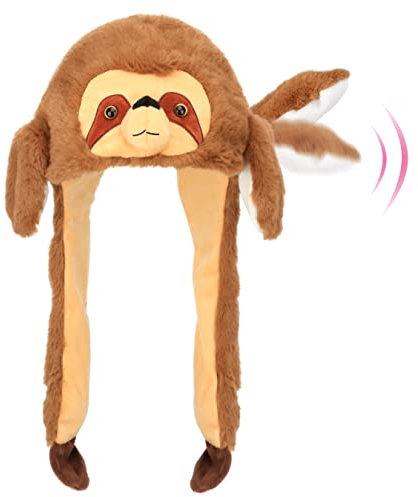 Hopearl Chapeau de paresseux avec oreilles bouger sauter pop up battre chapeau peluche vacances cosplay robe up drôle cadeau pour enfants garçons filles, marron, 55,8 cm