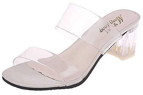 Clear Chunky Block High Heels for Women, Women's Clear Heeled Slides Mules,Transparent Strappy Open Toe Pump Shoes Heels for Women 6 White #7