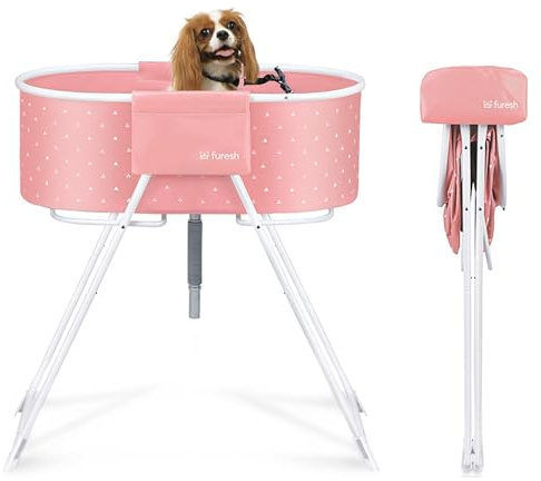 Furesh Little Dipper Dog Bath Tub and Wash Station for Bathing Shower and Grooming, Elevated Foldable and Portable, Indoor and Outdoor, for Small and Medium Size Dogs, Cats and Other Pet (Pink)