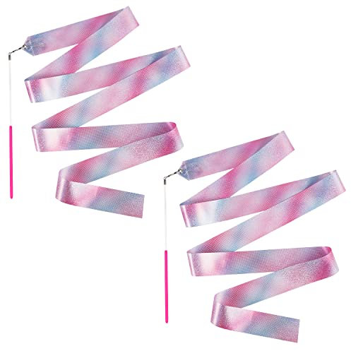 SAVITA 2 Stück Funkelnd Tanzbänder, 2 m Gymnastikband mit Stab Tanzband Twirbelnde Dance Ribbons für Kinder Mädchen Erwachsene Tanzen Training Geburtstagsgeschenke