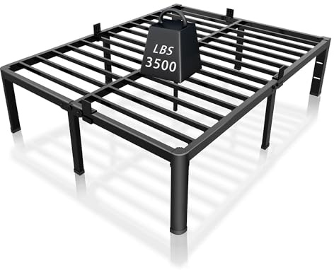 ROIL 14 inch Metal Queen Bed Frame with Rounded Corner and Headboard Hole Mattress Retainers 3500LBS Heavy Duty Steel Slats No Box Spring Needed Platform Noise-Free Easy Assembly