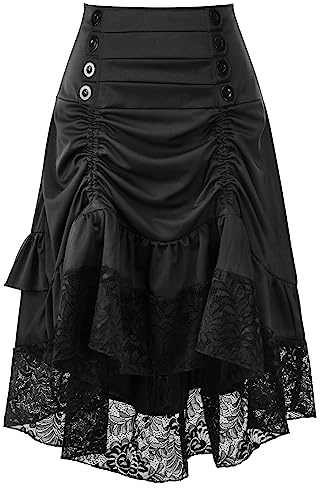 SEAUR Dam viktoriansk kjol renässans medeltida maxikjol med volanger hög midja A-linje lång kjol steampunk vintage karneval festlig cosplay kostym, A#svart, L