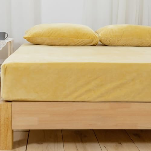 Michorinee Warme Fleece Spannbettlaken 180x200cm Cashmere Touch Kuschelig Flauschig Plüsch Flanell Bettlaken Spannbetttuch für Boxspringbett Topper Matratze bis 30 cm Hohe Gelb