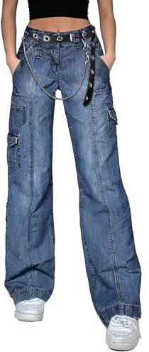 DINGJIUYAN Pantalon cargo en jean pour femme avec ceinture, taille haute, grande taille, multiples poches, jean denim Y2k, coupe large et ample, L
