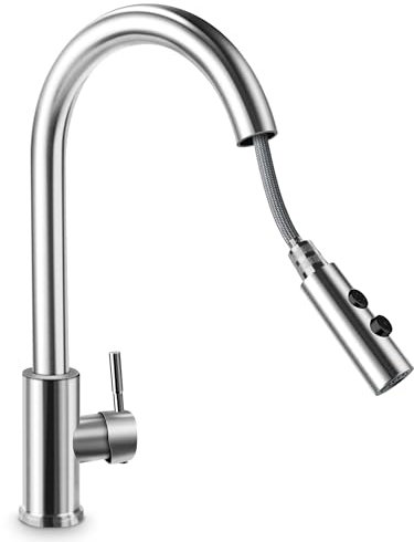 Robinet Cuisine Douchette avec 2 Modes de Pulvérisation, Robinet de Cuisine Haute Pression Noir, Robinet D'évier Orientable à 360°, Robinet Mitigeur en Acier Inoxydable Brossé